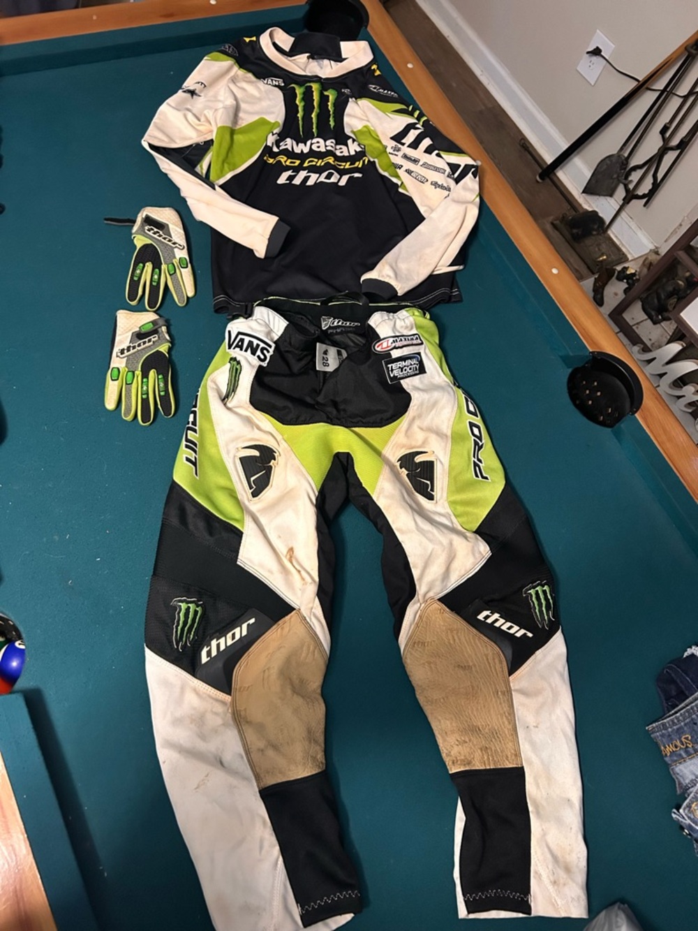 thor Black White Lime Green Racing Jersey, racing pants and gloves